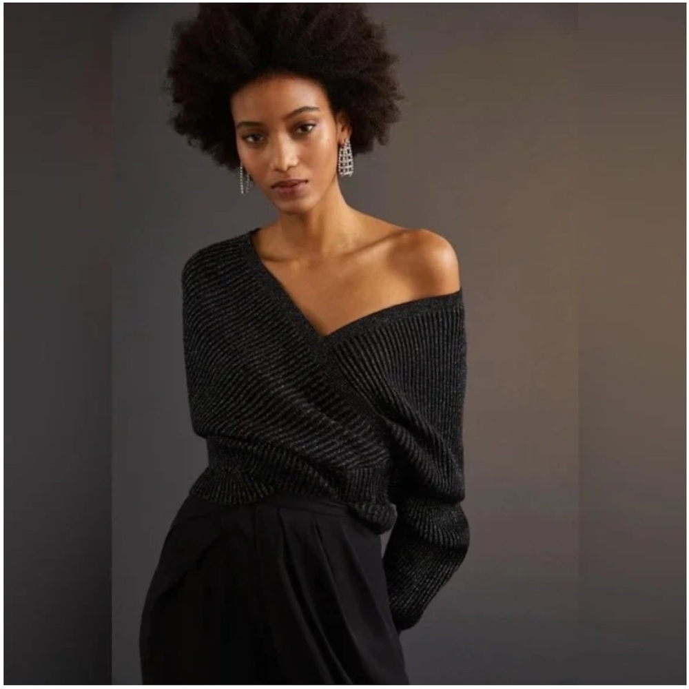 Anthropologie Black Shimmer Surplice Pullover Sweater Size XS